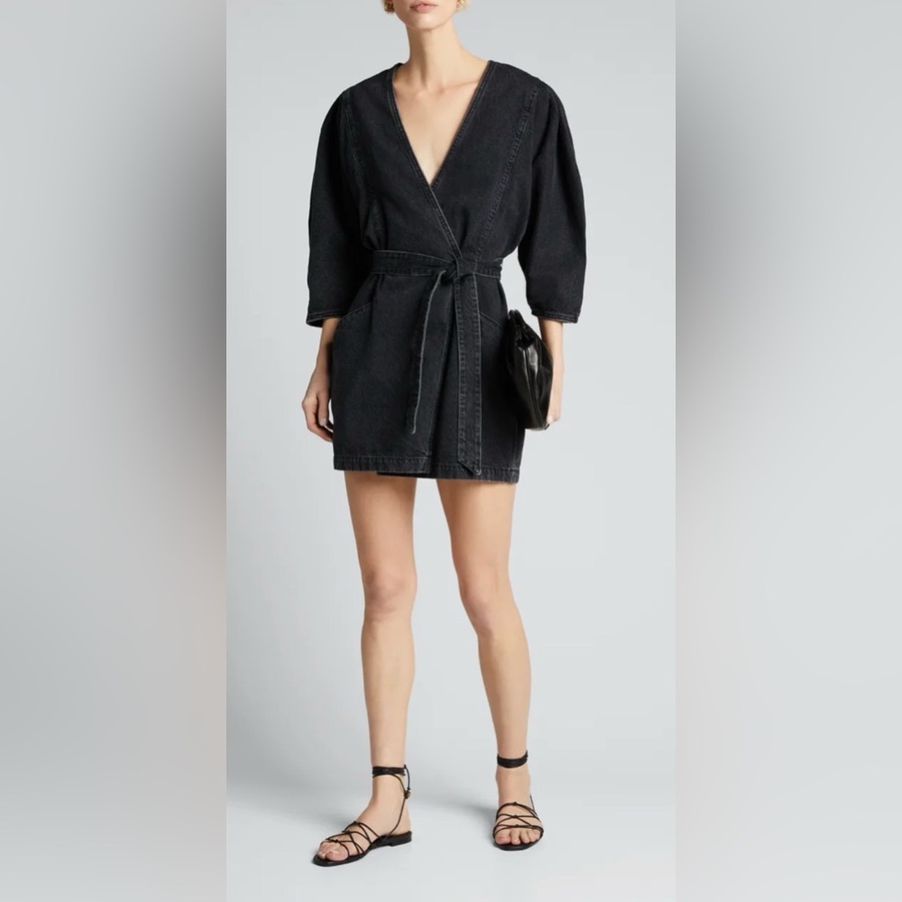 NEW IRO Fairlie Black Denim Wrap Mini Dress Womens 38 (US 6)